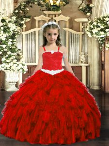Latest Wine Red Sleeveless Appliques and Ruffles Floor Length Pageant Gowns For Girls