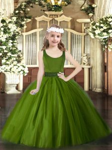 Sleeveless Floor Length Beading Zipper Kids Pageant Dress with Olive Green