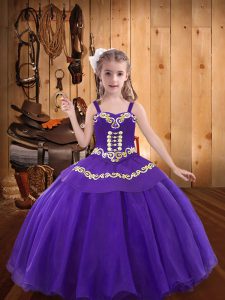 Embroidery Little Girls Pageant Dress Eggplant Purple Lace Up Sleeveless Floor Length