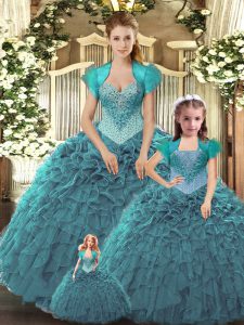 Sumptuous Teal Ball Gowns Straps Sleeveless Tulle Floor Length Lace Up Beading and Ruffles Sweet 16 Dresses