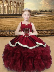 Admirable Organza Straps Sleeveless Lace Up Beading and Ruffles Kids Formal Wear in Wine Red
