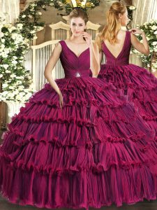 Floor Length Backless Quinceanera Dresses Fuchsia for Sweet 16 and Quinceanera with Beading and Ruffled Layers