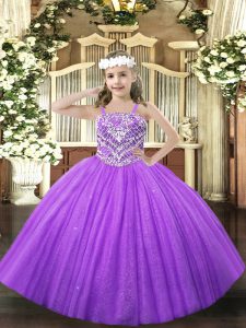 Lavender Ball Gowns Straps Sleeveless Tulle Floor Length Lace Up Beading Kids Pageant Dress