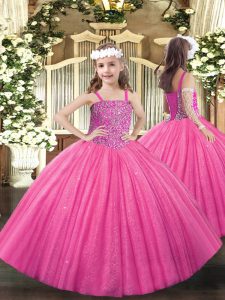 Hot Pink Tulle Lace Up Straps Sleeveless Floor Length Little Girls Pageant Dress Wholesale Beading