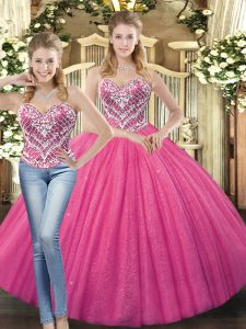 Floor Length Hot Pink Sweet 16 Dress Sweetheart Sleeveless Lace Up