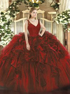 Floor Length Zipper Sweet 16 Dresses Wine Red for Sweet 16 and Quinceanera with Beading and Ruffles