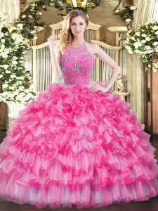 Tulle Sleeveless Floor Length 15 Quinceanera Dress and Beading and Ruffled Layers