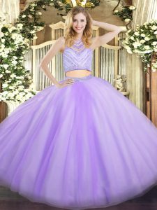 Dramatic Scoop Sleeveless Tulle Quince Ball Gowns Beading Zipper