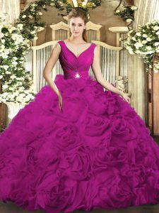 Elegant Organza and Fabric With Rolling Flowers V-neck Sleeveless Backless Beading and Ruching Quinceanera Gown in Fuchsia