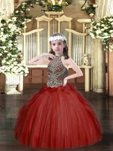 Most Popular Halter Top Sleeveless Tulle Little Girls Pageant Dress Beading and Ruffles Lace Up