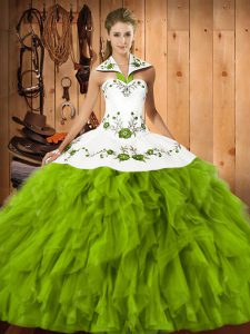 Floor Length Olive Green Ball Gown Prom Dress Satin and Organza Sleeveless Embroidery and Ruffles