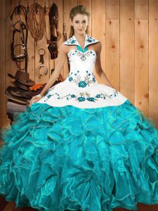 Attractive Satin and Organza Sleeveless Floor Length Quinceanera Gown and Embroidery and Ruffles