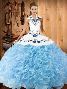 Halter Top Sleeveless Fabric With Rolling Flowers Quinceanera Gowns Embroidery Lace Up