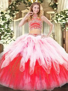 Glittering Multi-color Tulle Backless Sweet 16 Dresses Sleeveless Floor Length Beading and Ruffles