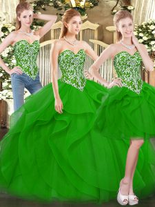 Luxurious Green Quinceanera Gowns Military Ball and Sweet 16 and Quinceanera with Beading and Ruffles Sweetheart Sleeveless Lace Up