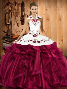 Sleeveless Floor Length Embroidery and Ruffles Lace Up Vestidos de Quinceanera with Fuchsia