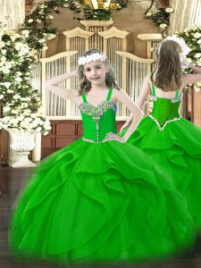 Floor Length Green Little Girl Pageant Gowns Straps Sleeveless Lace Up