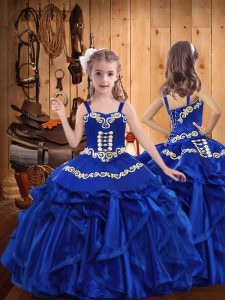 Wonderful Ball Gowns Pageant Dress Royal Blue Straps Organza Sleeveless Floor Length Lace Up