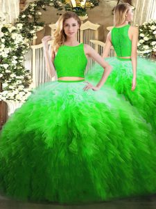 Green Organza Zipper Scoop Sleeveless Floor Length Quinceanera Gown Lace and Ruffles