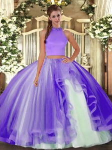 Lavender Backless Ball Gown Prom Dress Beading and Ruffles Sleeveless Floor Length