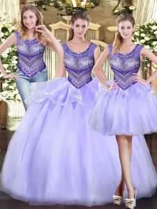 Sophisticated Lavender Tulle Lace Up Scoop Sleeveless Floor Length Quinceanera Dresses Beading and Ruffles