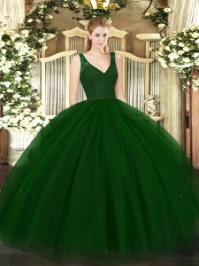Dark Green Quinceanera Gown Military Ball and Sweet 16 and Quinceanera with Beading and Lace V-neck Sleeveless Backless