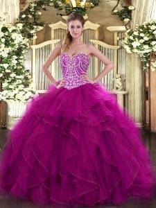 Dazzling Beading and Ruffles Quince Ball Gowns Fuchsia Lace Up Sleeveless Floor Length