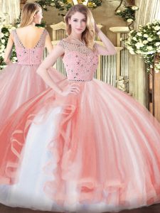 Graceful Peach Ball Gowns Tulle Bateau Sleeveless Beading and Ruffles Floor Length Zipper Ball Gown Prom Dress