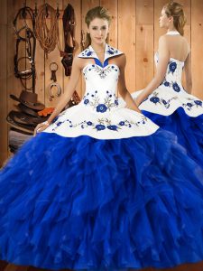 Elegant Blue And White Sleeveless Floor Length Embroidery and Ruffles Lace Up Quinceanera Dress