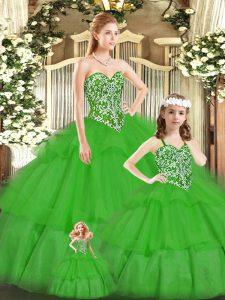 Green Ball Gowns Beading Quinceanera Dress Lace Up Tulle Sleeveless Floor Length