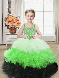 Multi-color Little Girl Pageant Dress Sweet 16 and Quinceanera with Beading and Ruffles Straps Sleeveless Lace Up
