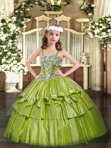 Dramatic Olive Green Straps Lace Up Appliques and Ruffled Layers Little Girls Pageant Gowns Sleeveless
