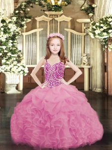 Admirable Rose Pink Organza Lace Up Spaghetti Straps Sleeveless Floor Length Little Girl Pageant Dress Beading and Ruffles and Pick Ups