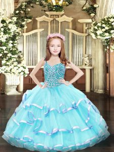 Aqua Blue Sleeveless Organza Lace Up Kids Formal Wear for Party and Quinceanera
