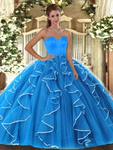 Beauteous Aqua Blue Organza Lace Up Sweetheart Sleeveless Floor Length Sweet 16 Quinceanera Dress Beading and Ruffles