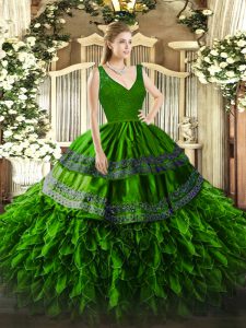 Beading and Lace and Ruffles Sweet 16 Dresses Green Backless Sleeveless Floor Length