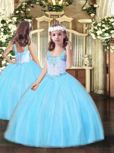 Aqua Blue Straps Lace Up Beading Pageant Gowns For Girls Sleeveless