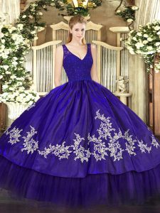 Purple Ball Gowns Beading and Appliques Sweet 16 Dresses Zipper Taffeta Sleeveless Floor Length