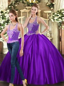 Amazing Purple Straps Neckline Beading Sweet 16 Dresses Sleeveless Lace Up