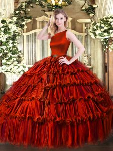 Wine Red Ball Gowns Ruffled Layers Quinceanera Gowns Clasp Handle Organza Sleeveless Floor Length