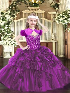 Straps Sleeveless Organza Pageant Dress for Teens Beading and Ruffles Lace Up
