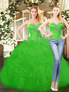 Green Sleeveless Floor Length Beading and Ruffles Lace Up Quinceanera Dress