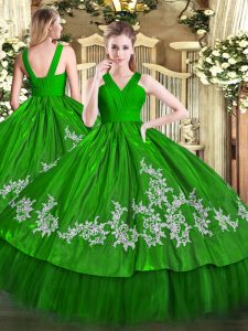 Discount Green Ball Gowns Satin and Tulle V-neck Sleeveless Embroidery Floor Length Zipper Quinceanera Gowns