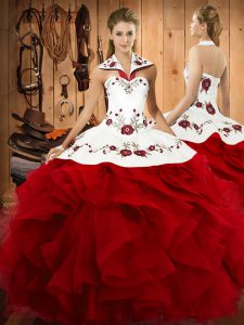 Hot Sale Wine Red Sleeveless Floor Length Embroidery and Ruffles Lace Up 15th Birthday Dress