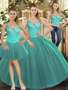 Turquoise Sleeveless Floor Length Beading Lace Up Sweet 16 Dresses