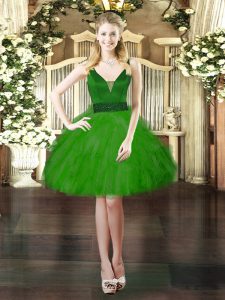 On Sale Green Lace Up V-neck Beading and Ruffles Homecoming Dress Tulle Sleeveless
