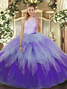 Popular Multi-color Ball Gowns Ruffles 15th Birthday Dress Backless Tulle Sleeveless Floor Length