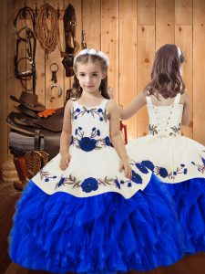 Embroidery and Ruffles Pageant Dress Womens Royal Blue Lace Up Sleeveless Floor Length