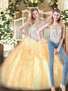 Spectacular Gold Sleeveless Beading and Ruffles Floor Length Quinceanera Gown