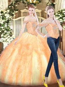 Designer Organza Off The Shoulder Sleeveless Lace Up Beading and Ruffles Quinceanera Dresses in Gold